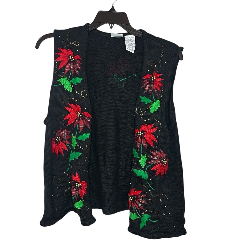Vintage Poinsettia Sweater Vest XL Christmas Holiday Floral Retro